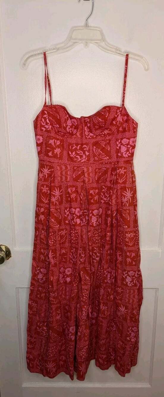 Agua by Agua Bendita Mambo Midi Dress M Red Pink Floral Linen Bustier Sweetheart
